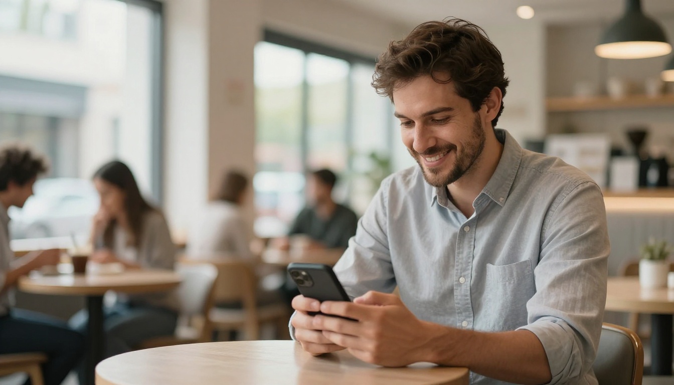 A smiling client reading a professional quote on his smartphone in a cafe