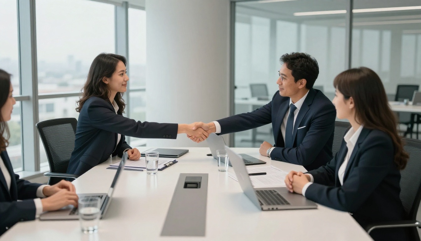 Two business professionals shaking hands across a conference table Two business professionals shaking hands across a conference table