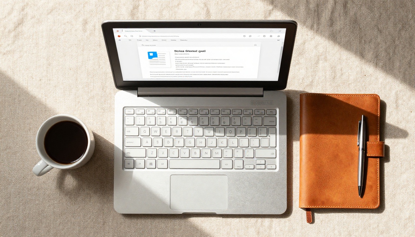 Top-down flat lay of a laptop with a professional email open beside a coffee cup