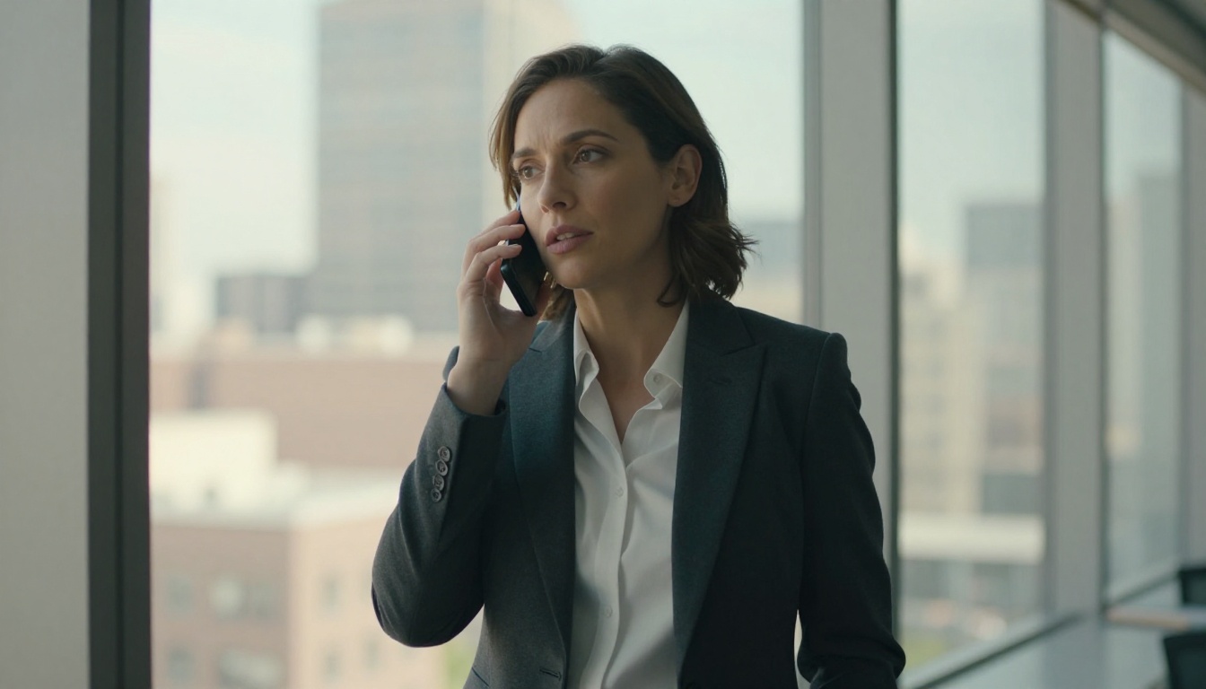 A professional businesswoman following up on a client quote via phone call near a window