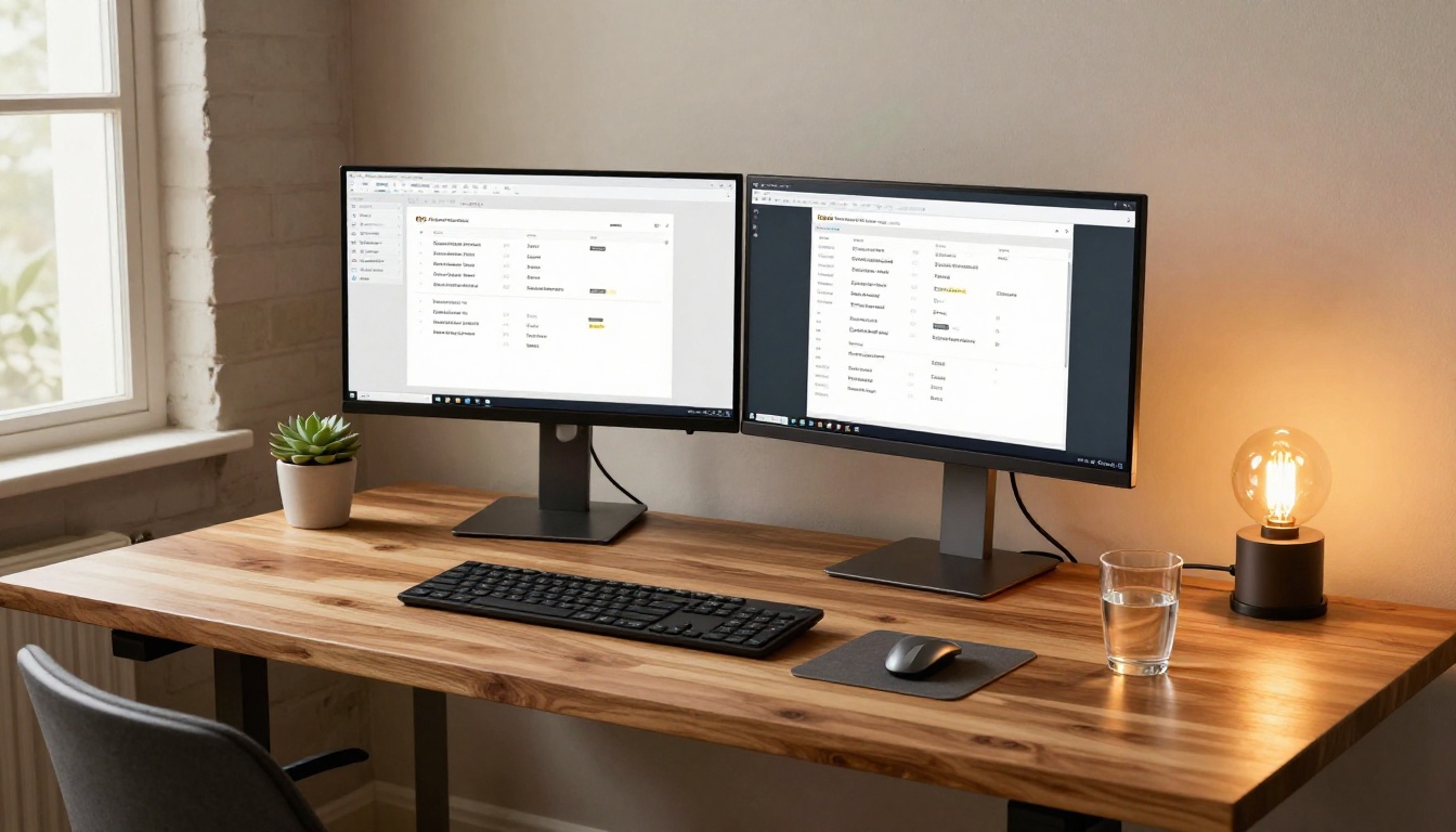 A freelancer organizing digital quote templates on dual monitors at a standing desk A freelancer organizing digital quote templates on dual monitors at a standing desk