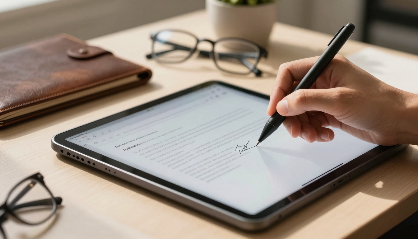 A PDF document being digitally signed on a tablet with a stylus A PDF document being digitally signed on a tablet with a stylus