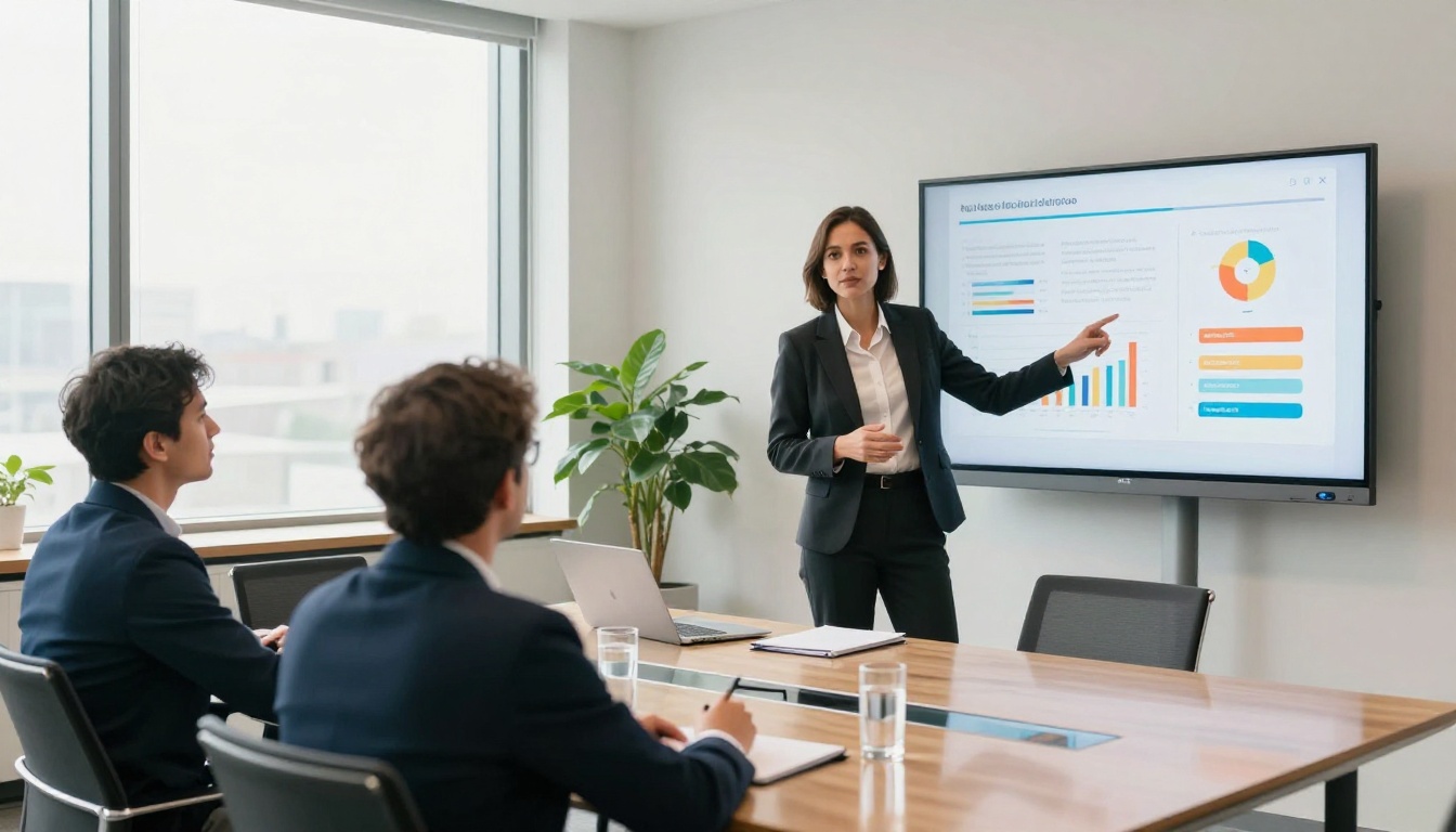 Startup founder presenting to investors in a modern conference room