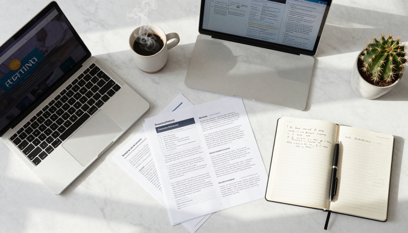 Aerial flat lay of desk with laptop, printed slides, coffee and notebook