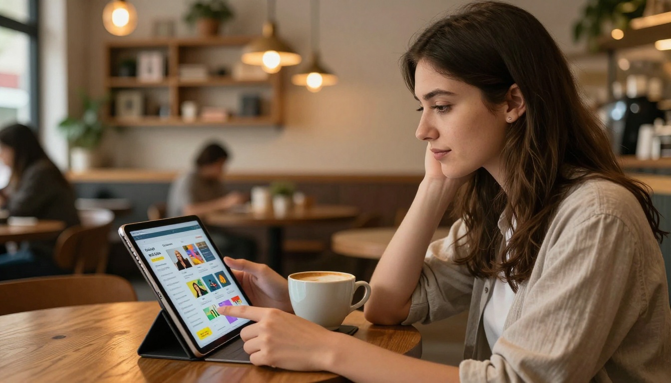 Female founder reviewing startup pitch on tablet at coffee shop