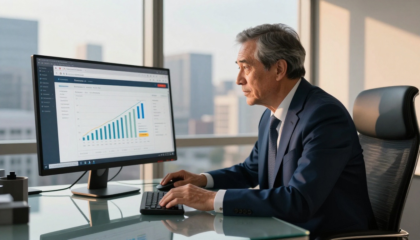 Investor reviewing startup presentation on a large monitor in a high-rise office