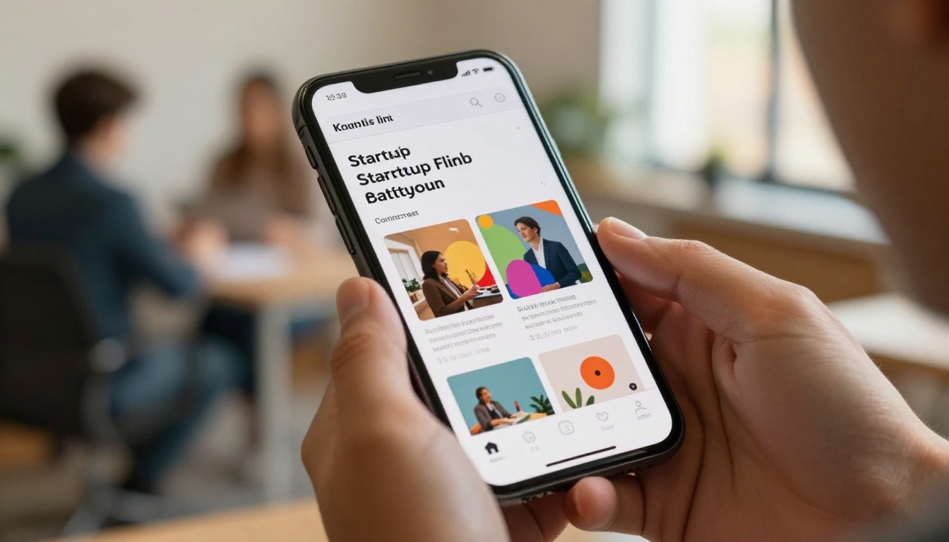 Person sharing startup flipbook via smartphone with office background