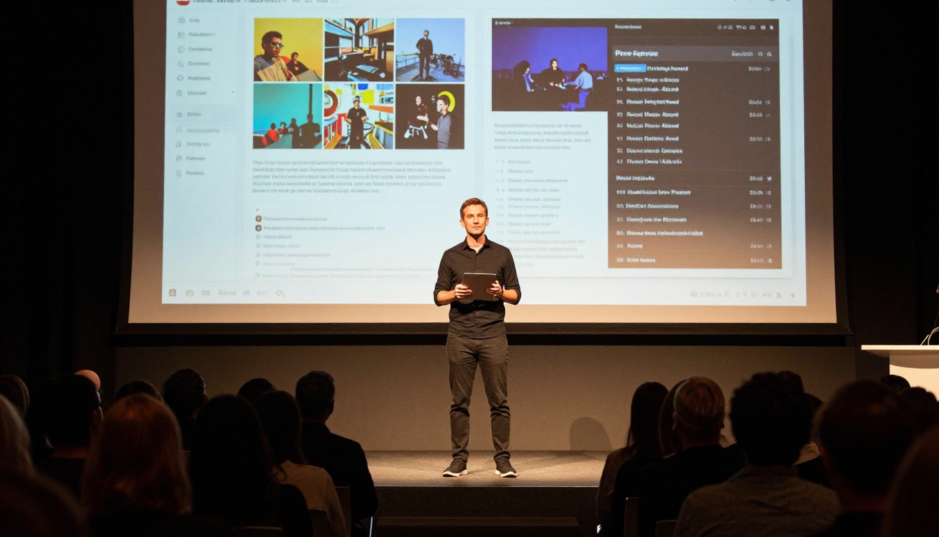 Startup founder presenting at a pitch competition stage with a large screen