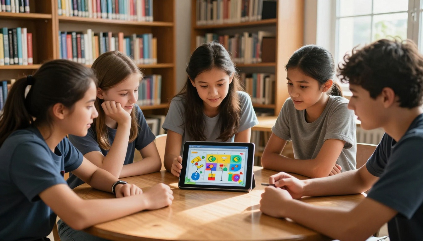Students gathered around a tablet viewing a digital school flipbook in the school library