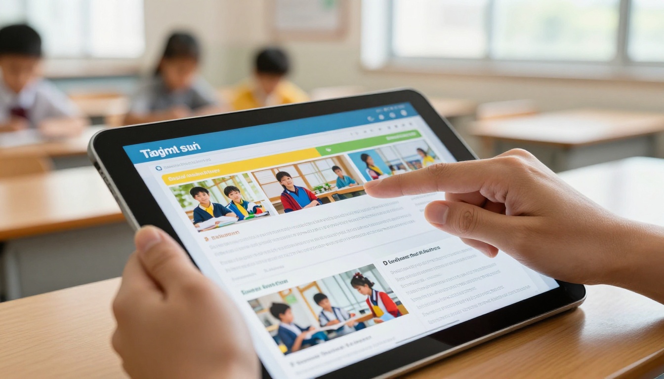 Teacher's hands swiping through a digital school newsletter on a tablet device