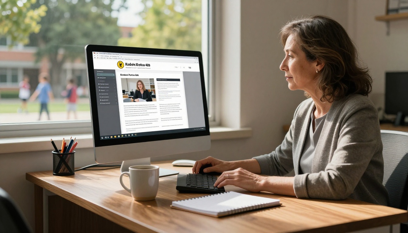 School principal reviewing a digital publication on her office desktop monitor