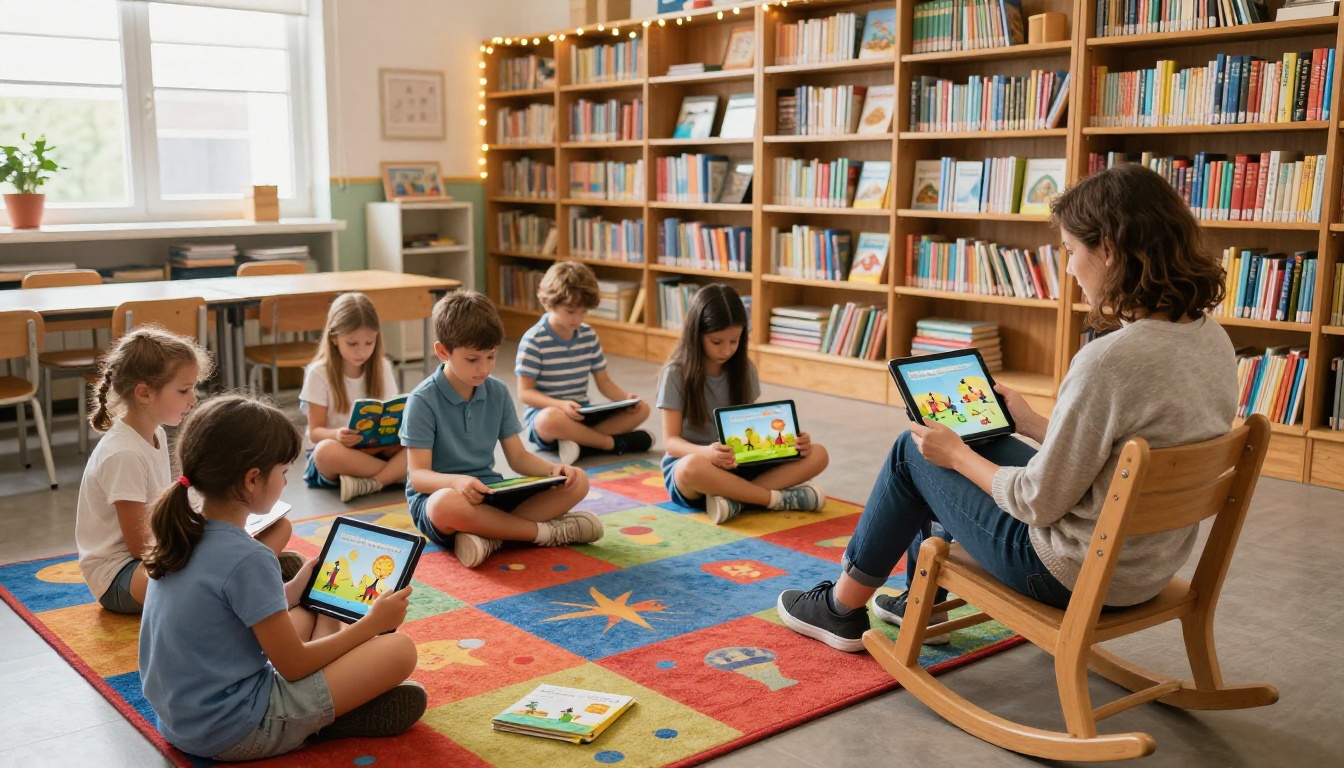 Elementary school students reading on tablets during a quiet classroom reading session