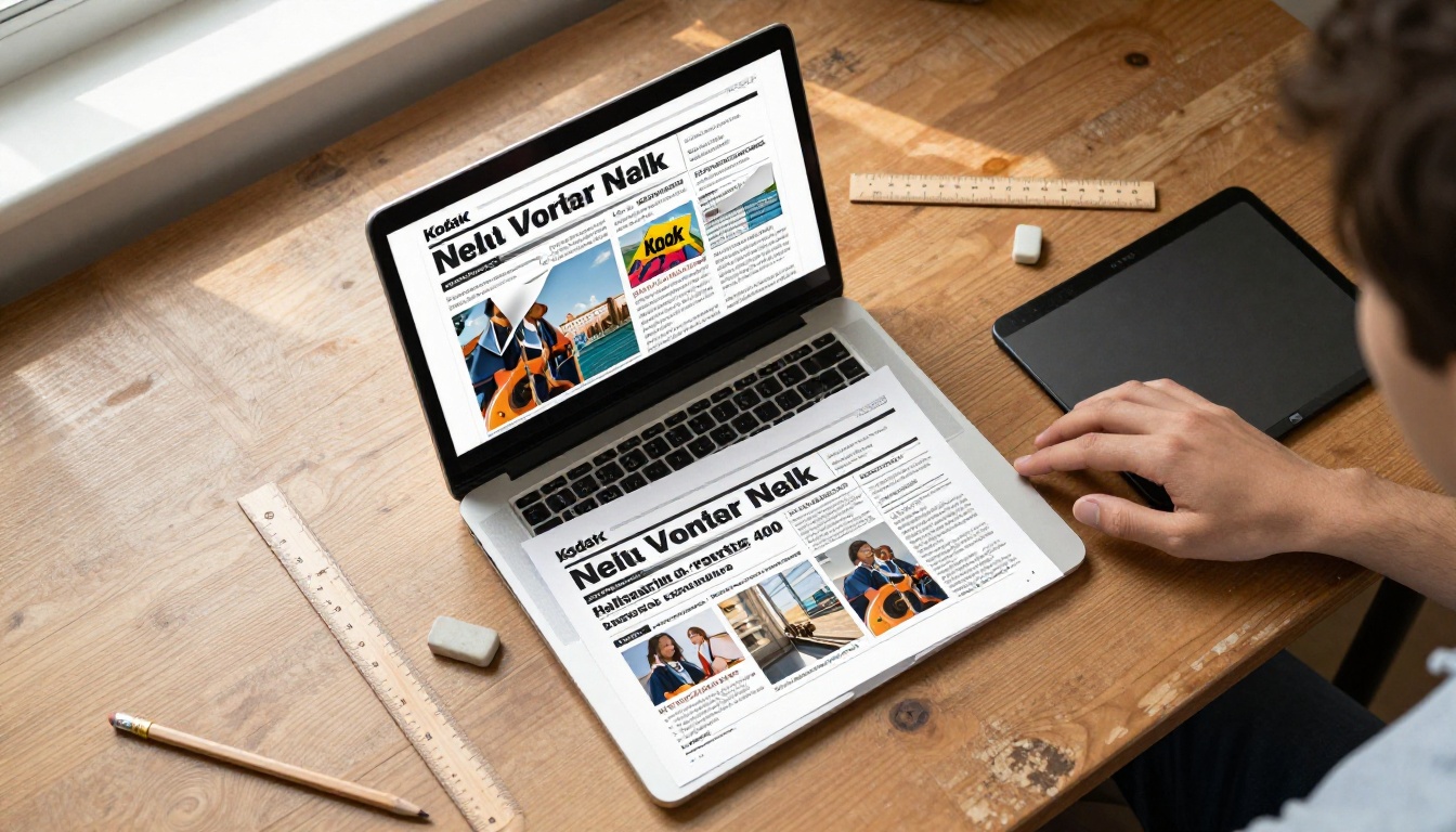 Aerial view of a school desk showing a printed newsletter beside a laptop with the same content as a colorful digital flipbook