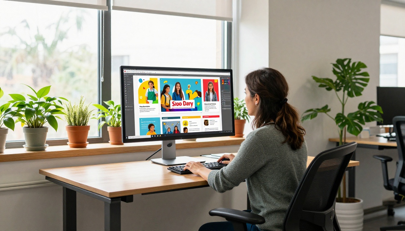 School communications coordinator designing a newsletter on a large curved monitor in a modern office