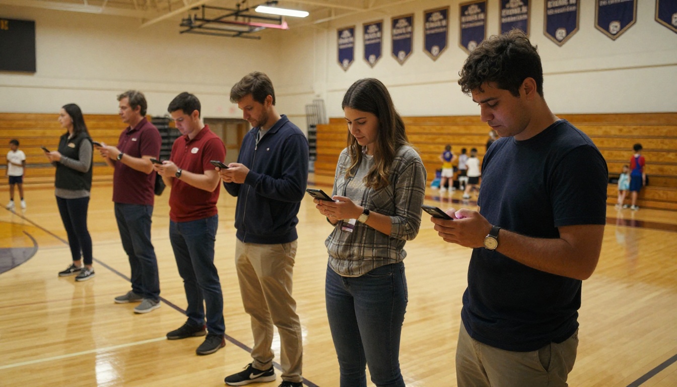Parents at a school gymnasium event checking their smartphones showing a digital school event program