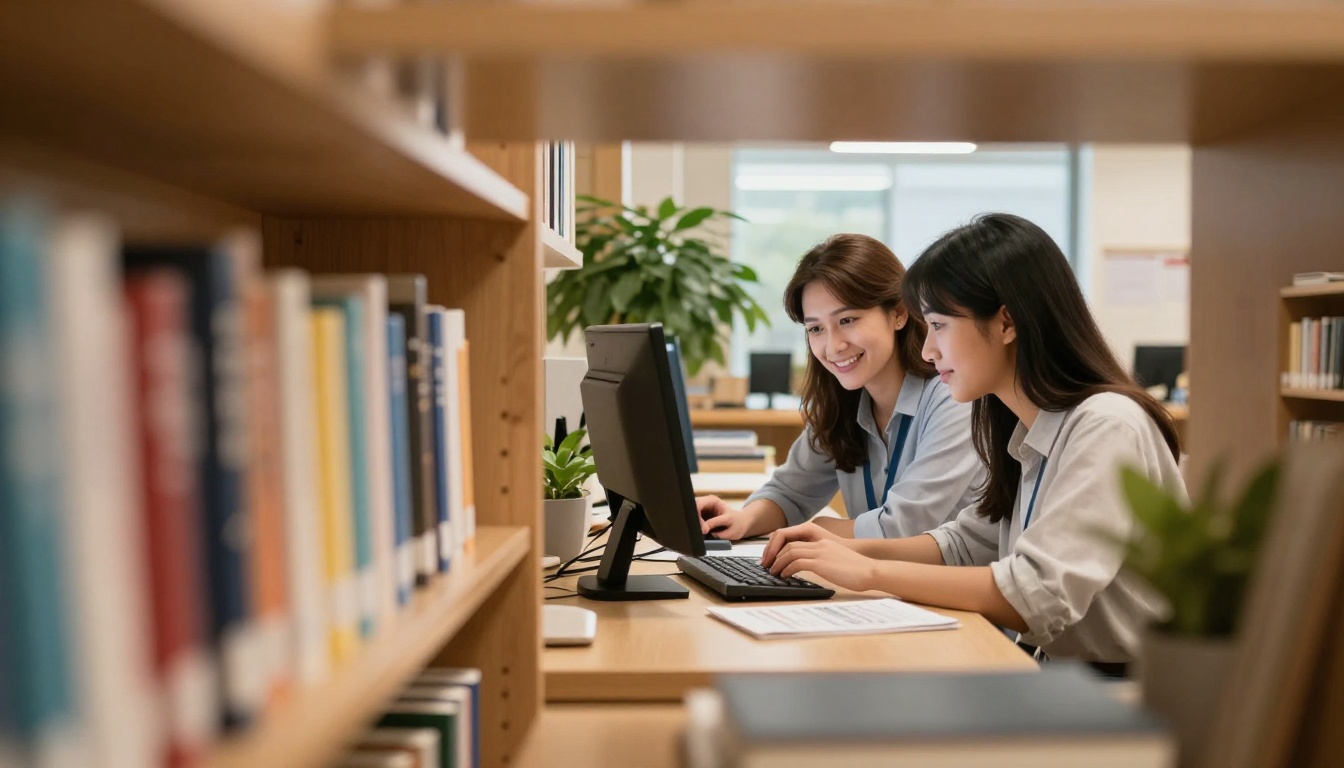 Librarian helping a student access a digital school publication on a library desktop computer