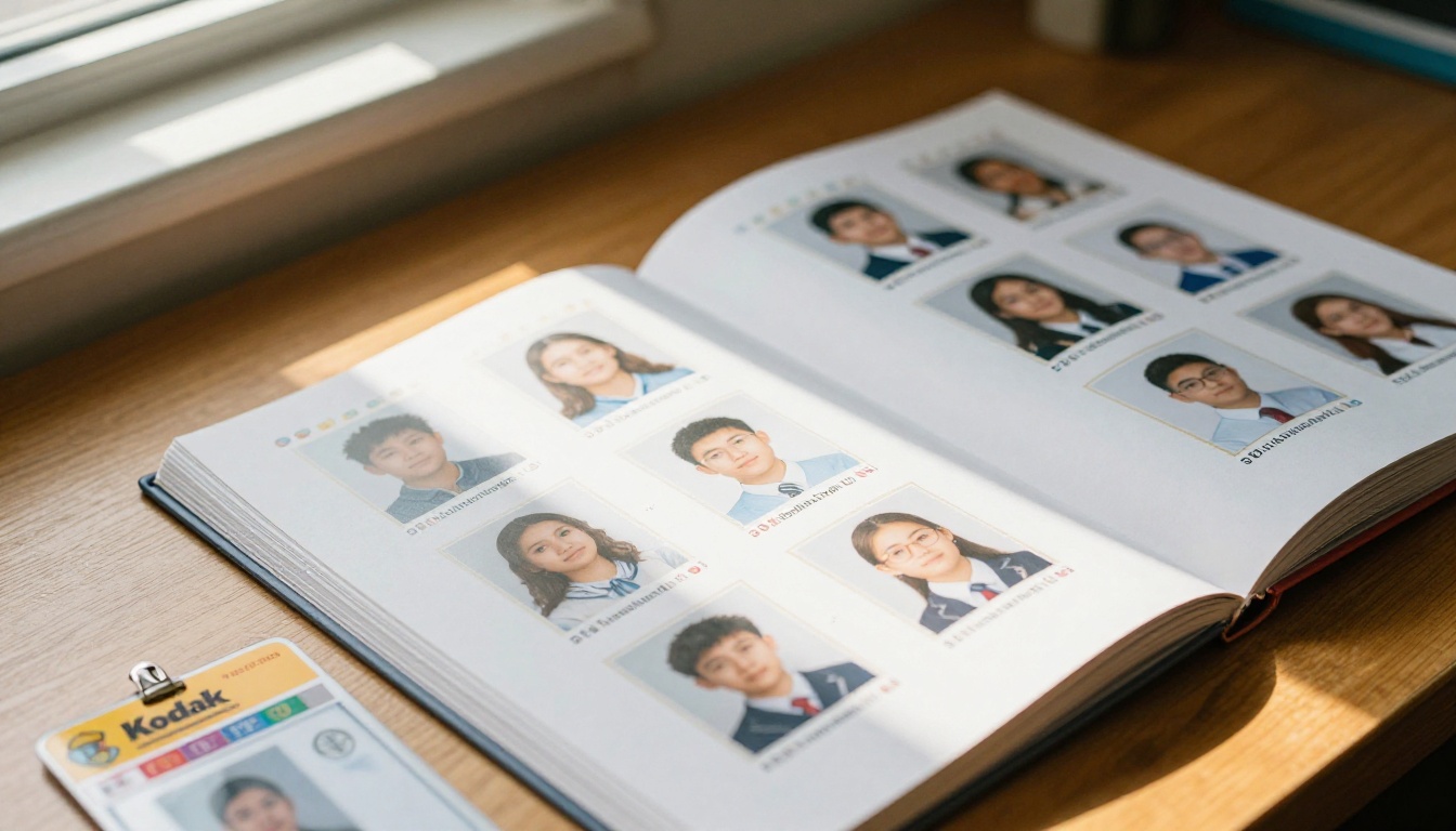 Close-up overhead shot of an open school yearbook on a wooden desk with student portrait photos