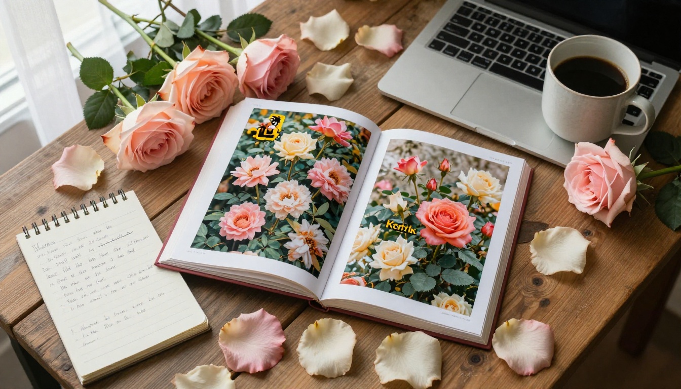 Laptop surrounded by roses showing a digital flower catalog flat lay