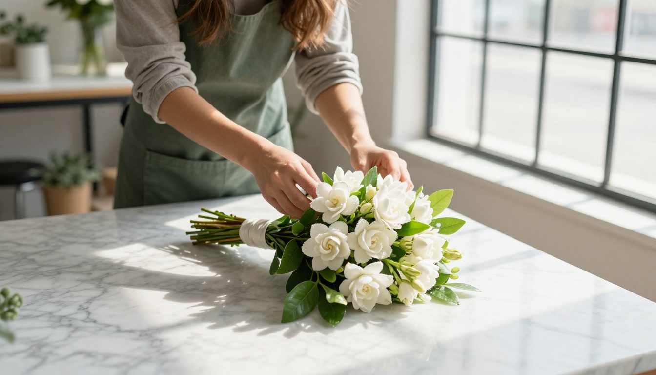 Florist in green apron arranging bridal bouquet at marble counter
