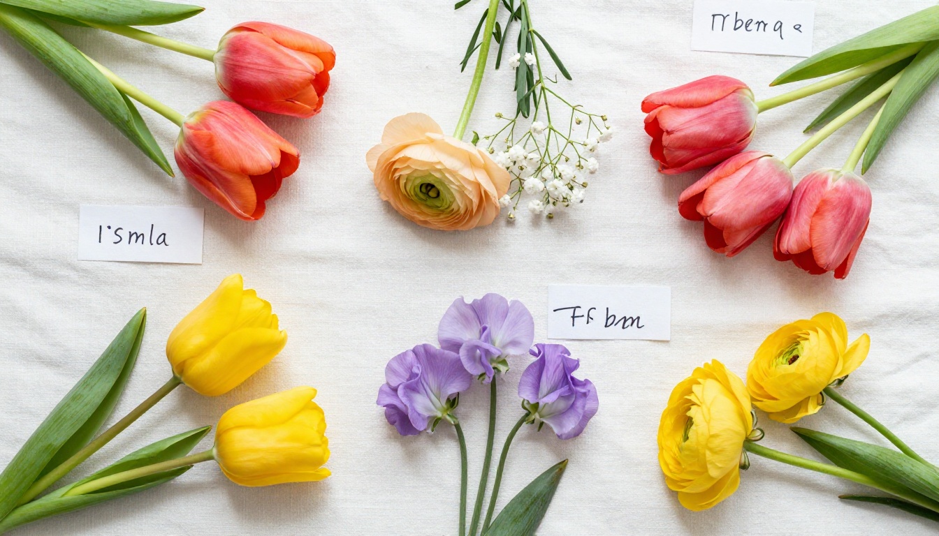Overhead aerial shot of a spring flower collection with tulips, ranunculus, and sweet peas