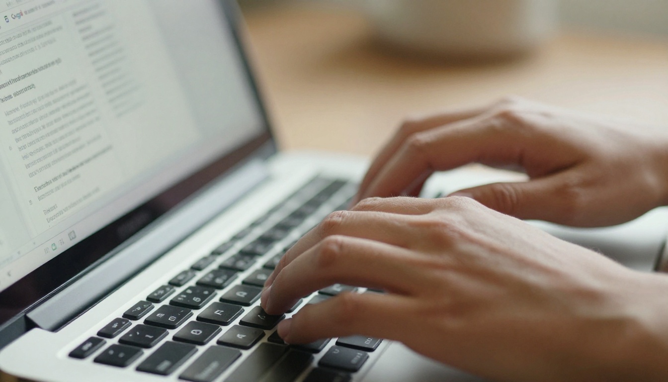 Person working on Google Docs at a modern home office desk with warm morning light