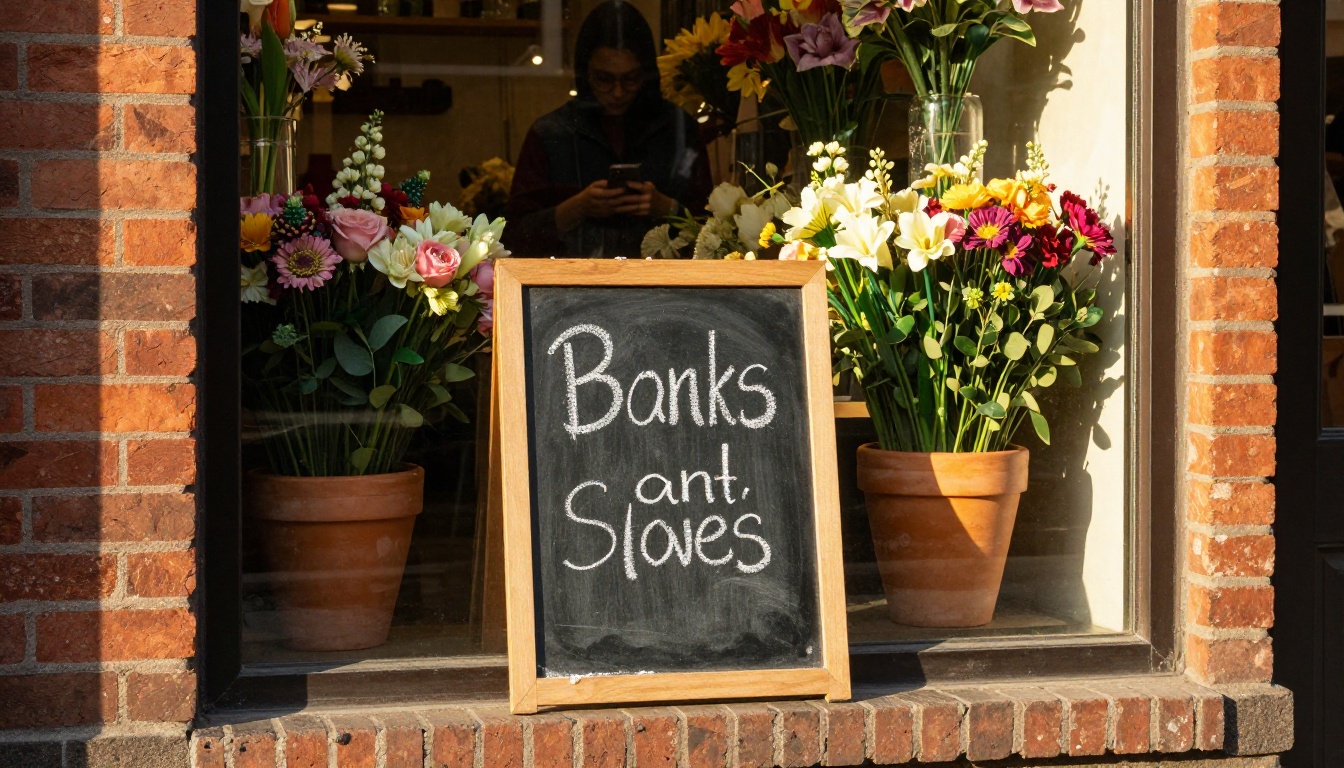 Flower shop storefront on a sunny morning with a customer browsing on their phone