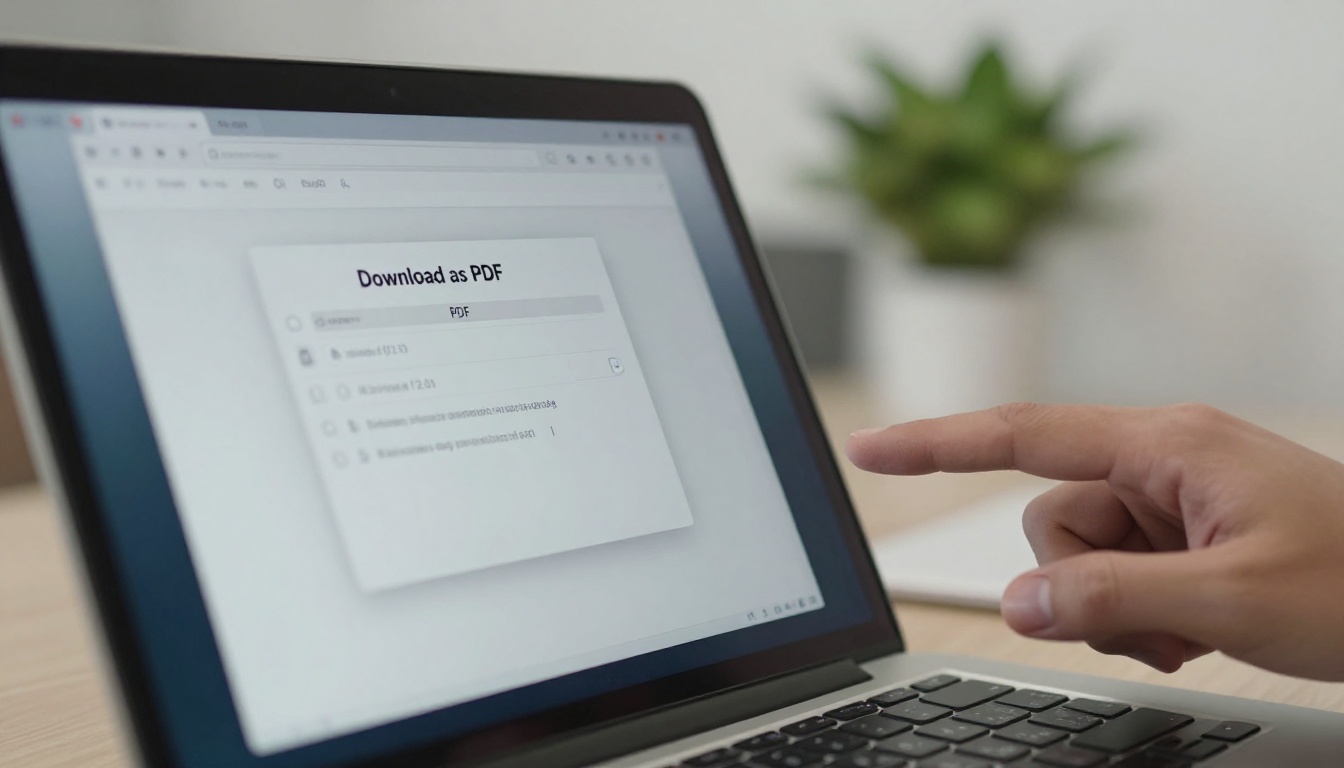 Laptop screen showing a PDF download dialog box in a document editor interface