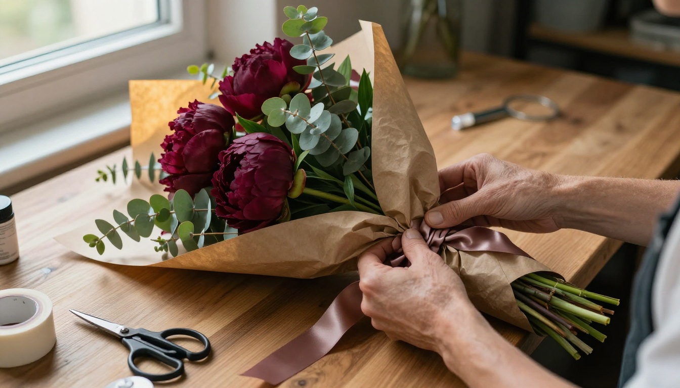 Detail shot of florist hands wrapping a deep burgundy peony bouquet in kraft paper