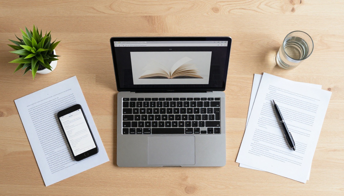 Aerial flat lay of a minimalist workspace with a laptop showing a digital flipbook on screen
