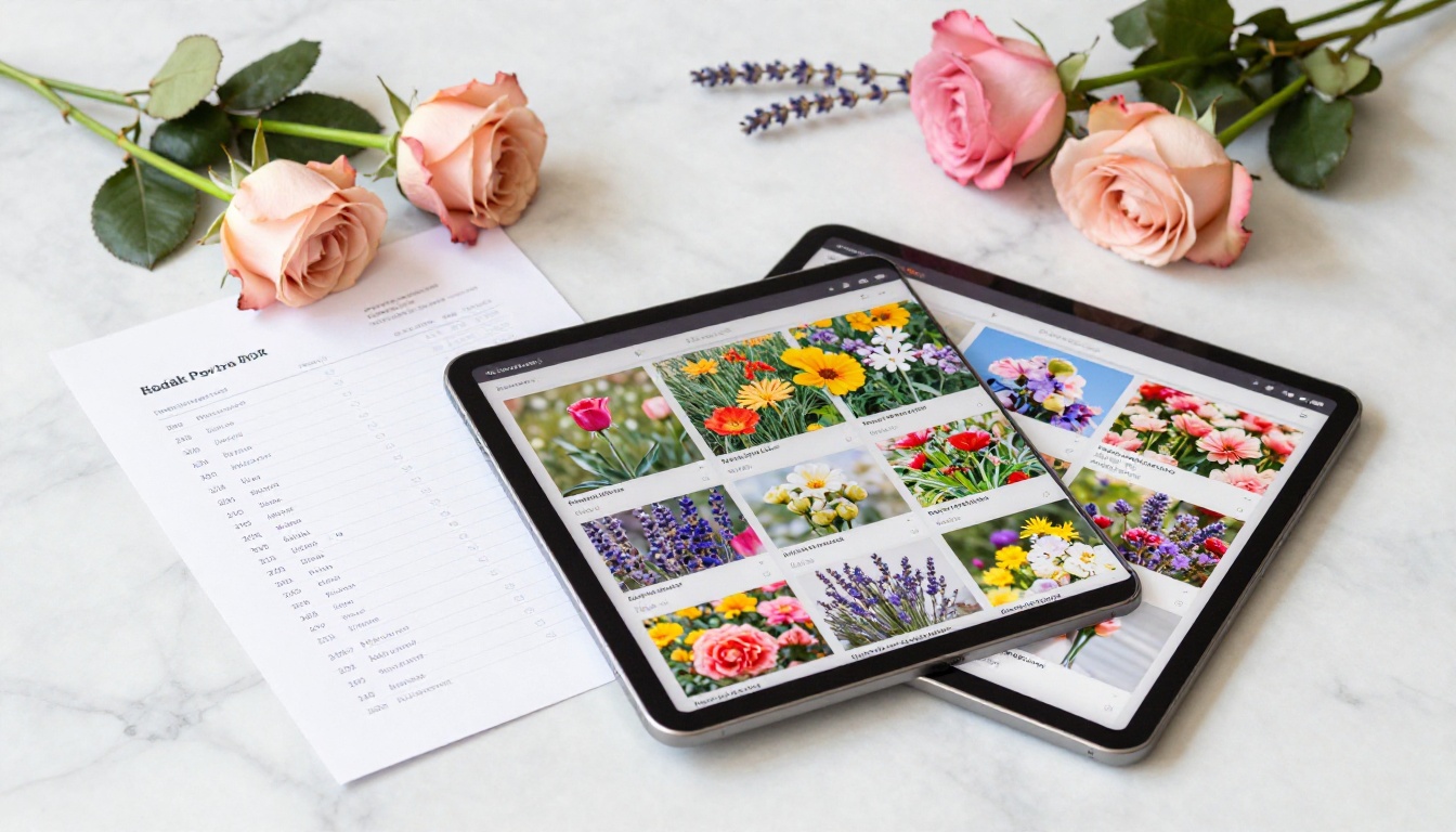 Digital tablet showing a flower price catalog flipbook next to a printed price list on marble