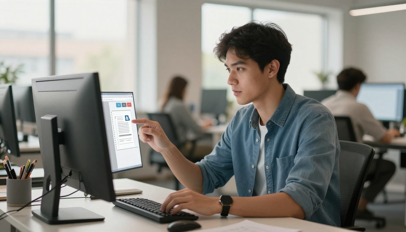 Man uploading a PDF file to a web browser upload interface at a bright open-plan office desk