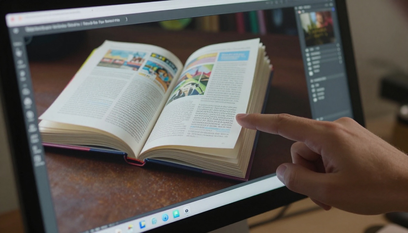 Computer monitor displaying a digital flipbook with a realistic page-curl animation mid-turn
