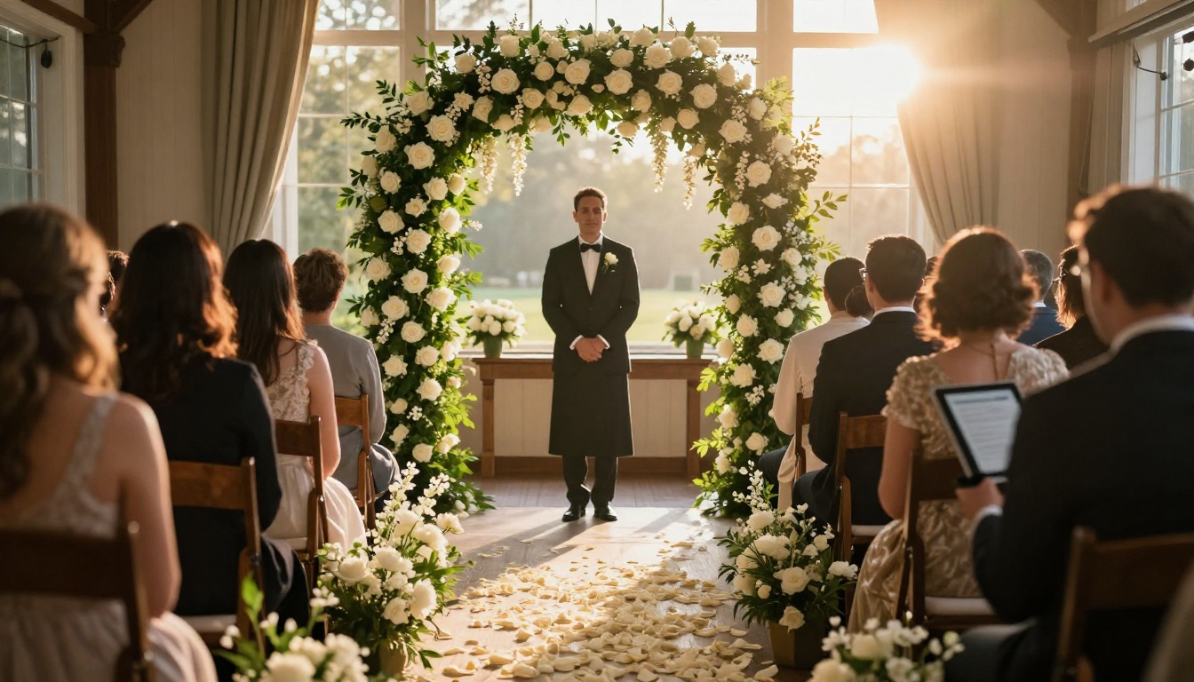 Wedding ceremony venue with lush floral arch and florist reviewing a tablet in the foreground