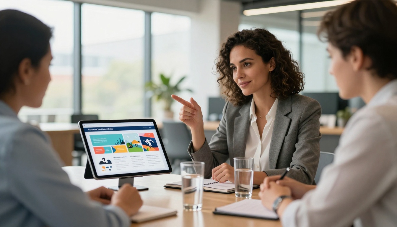 Businesswoman presenting a digital flipbook on a tablet to engaged colleagues around a modern conference table