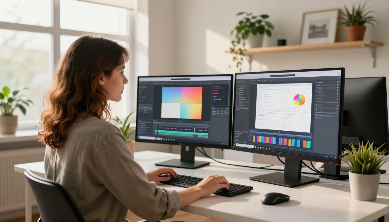 Creative professional woman at a bright modern studio with dual monitors showing a digital publication editor and analytics dashboard