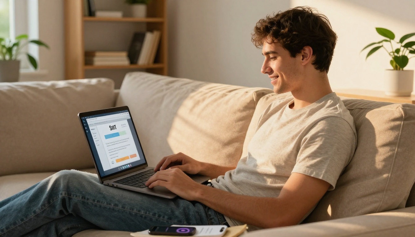 Young man sitting on a modern sofa smiling while sharing a digital document via laptop in a warm living room