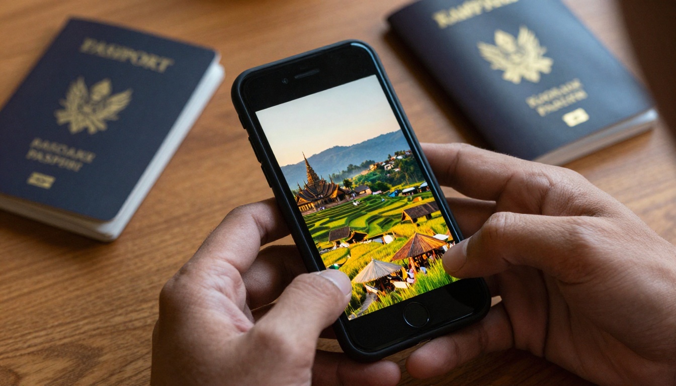Person's hands holding smartphone with travel photo gallery visible