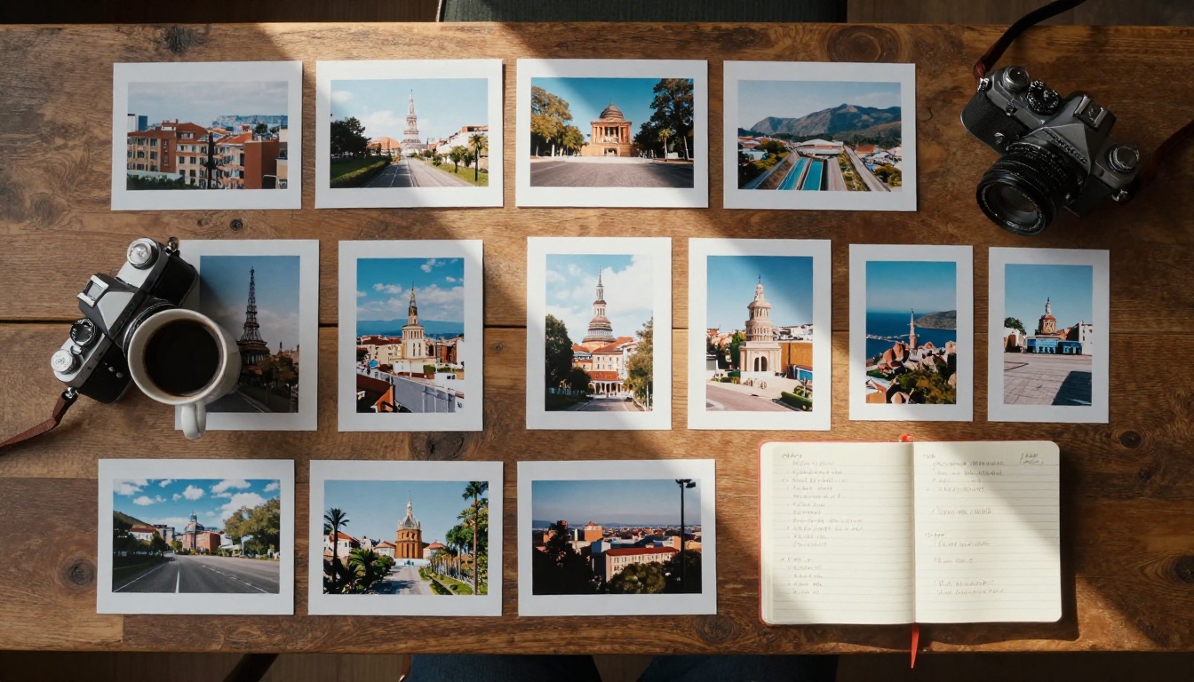 Travel photos spread on a table with film camera and coffee