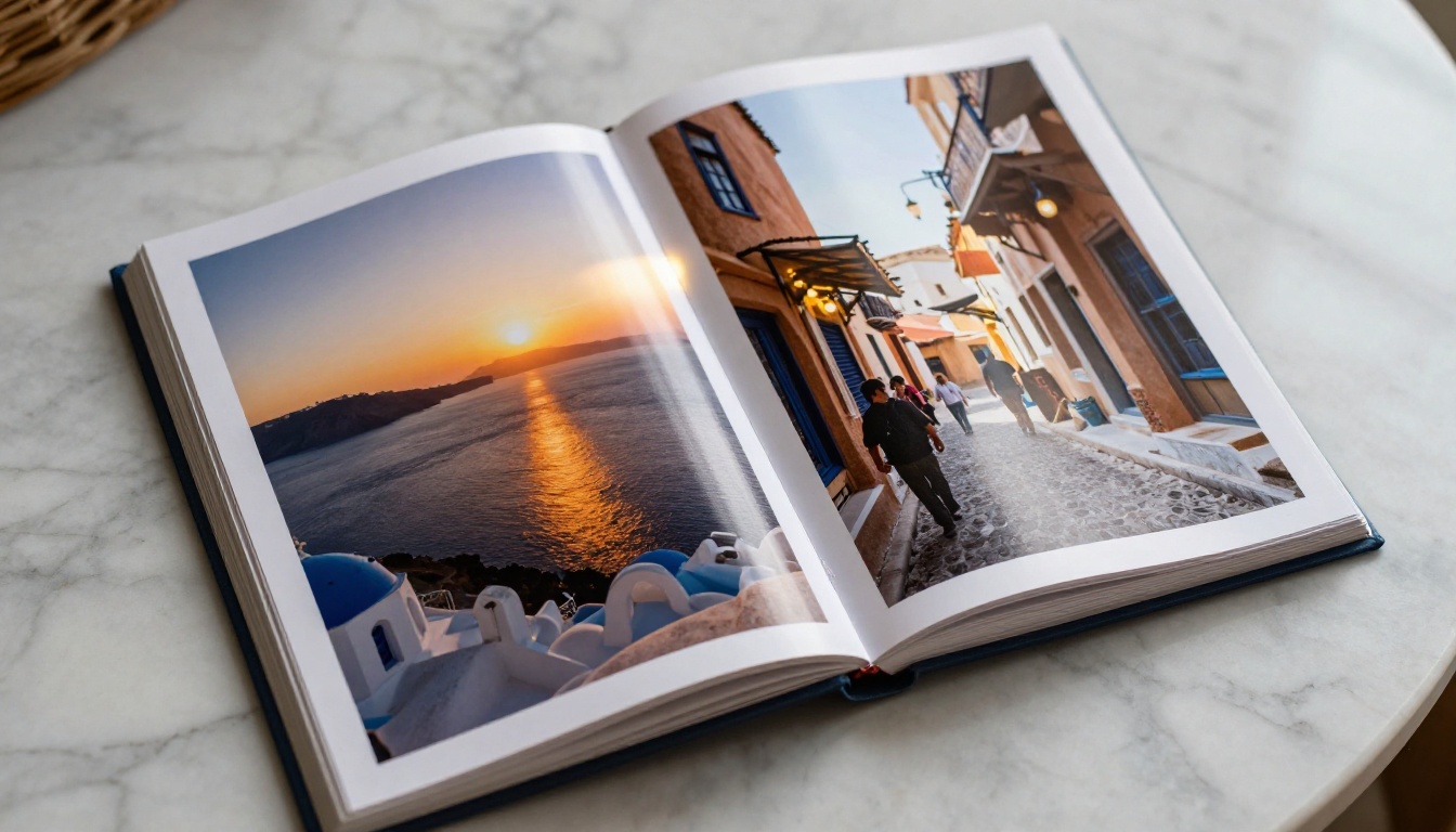 Open flipbook on marble surface showing vivid travel photography Open flipbook on marble surface showing vivid travel photography