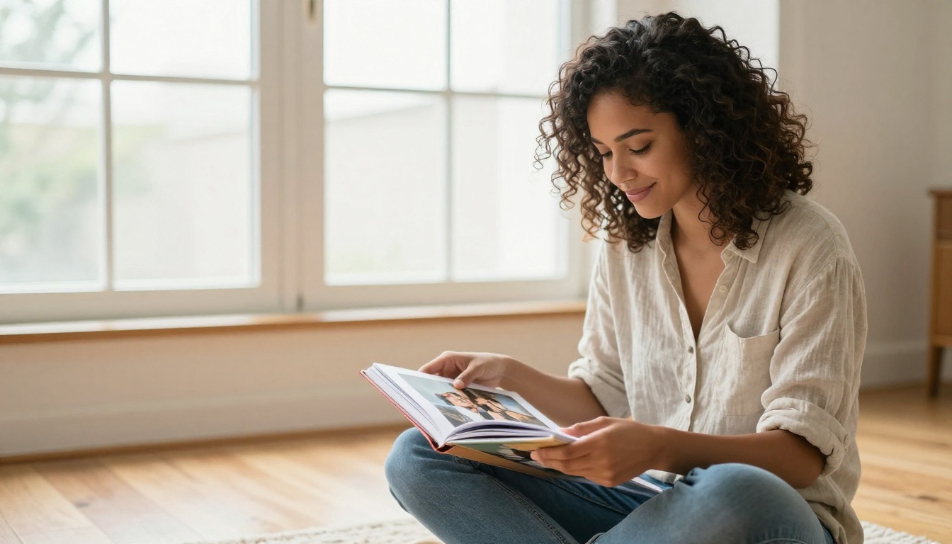 Woman sitting on floor flipping through travel photo album