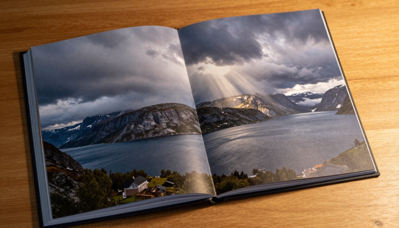 Open flipbook showing Norwegian fjord landscape spread