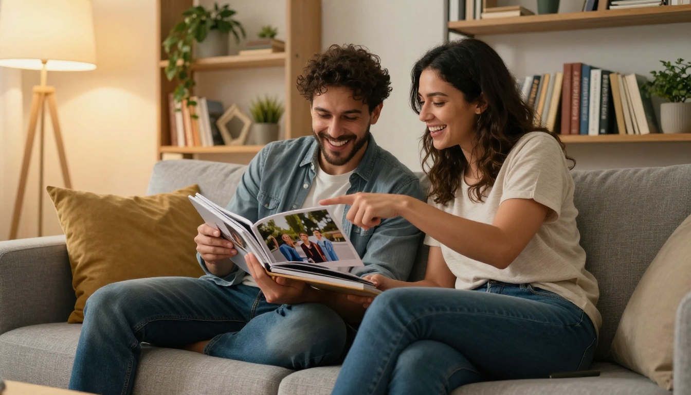 Couple flipping through coffee table photo book together on couch Couple flipping through coffee table photo book together on couch