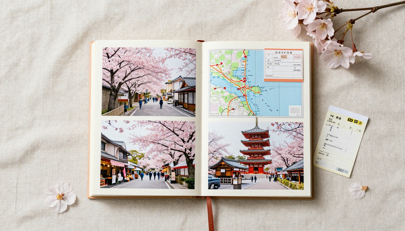 Japan flat lay flipbook with cherry blossom and train ticket Japan flat lay flipbook with cherry blossom and train ticket