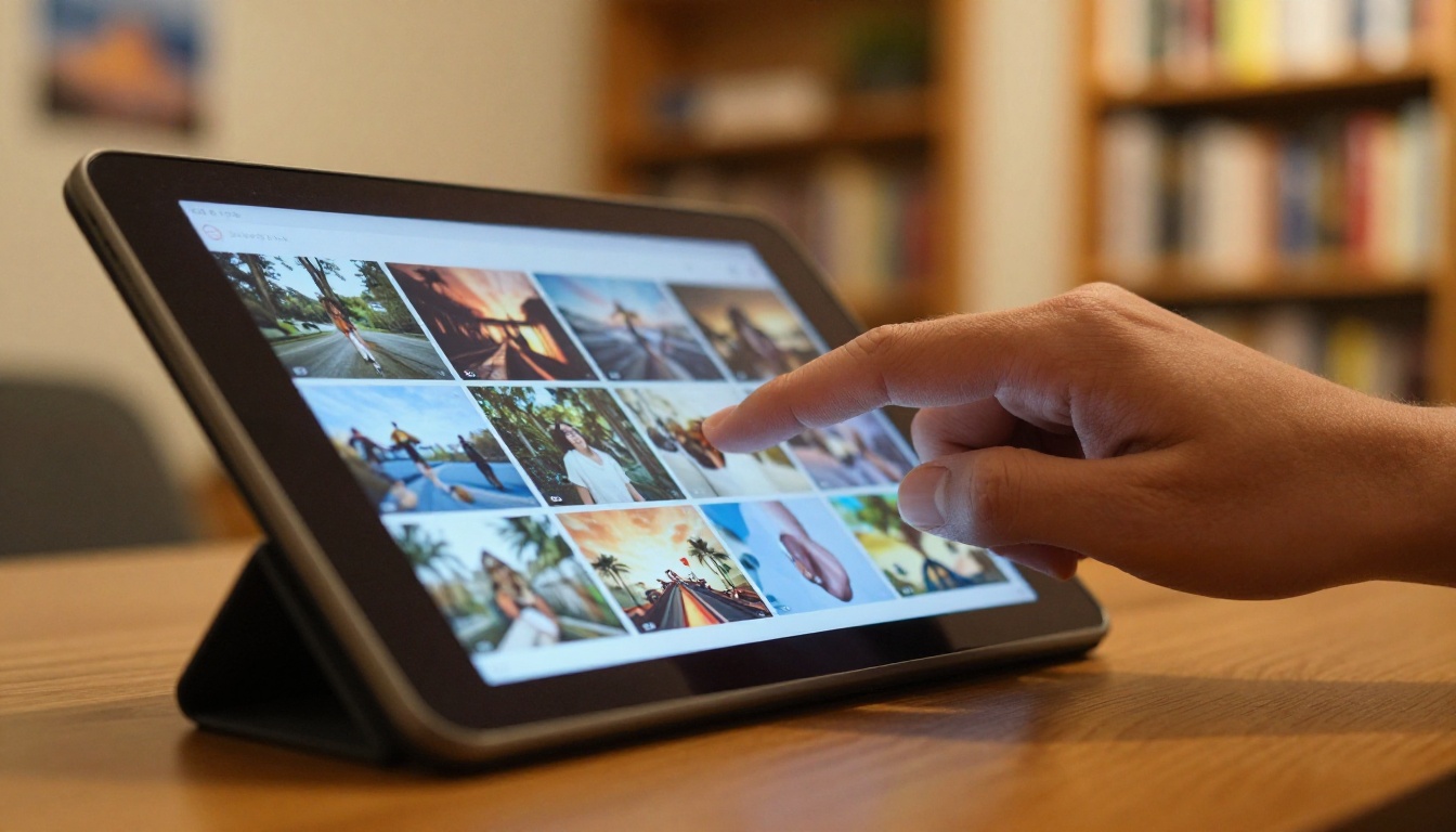 Person's hand swiping through digital flipbook on tablet in home library Person's hand swiping through digital flipbook on tablet in home library