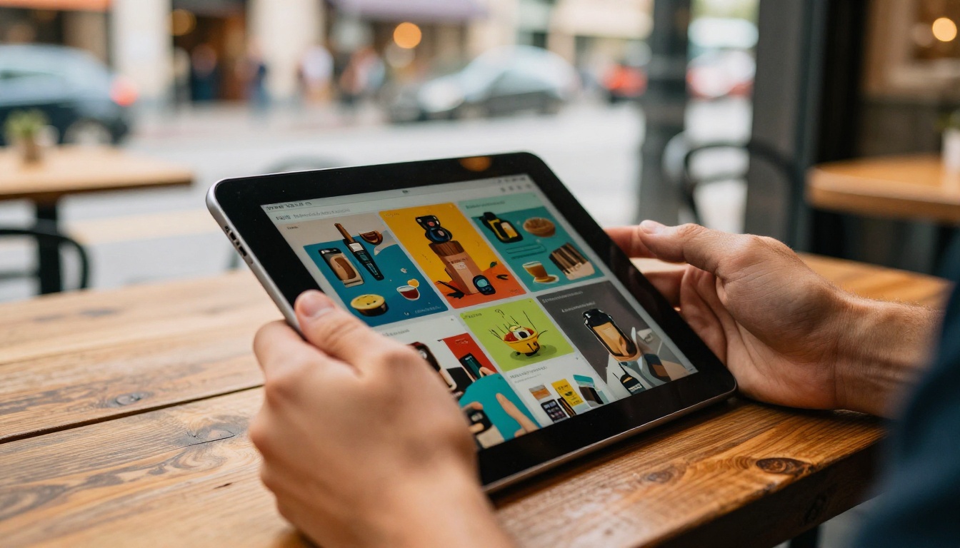 Small business owner reviewing digital catalog on tablet at outdoor cafe