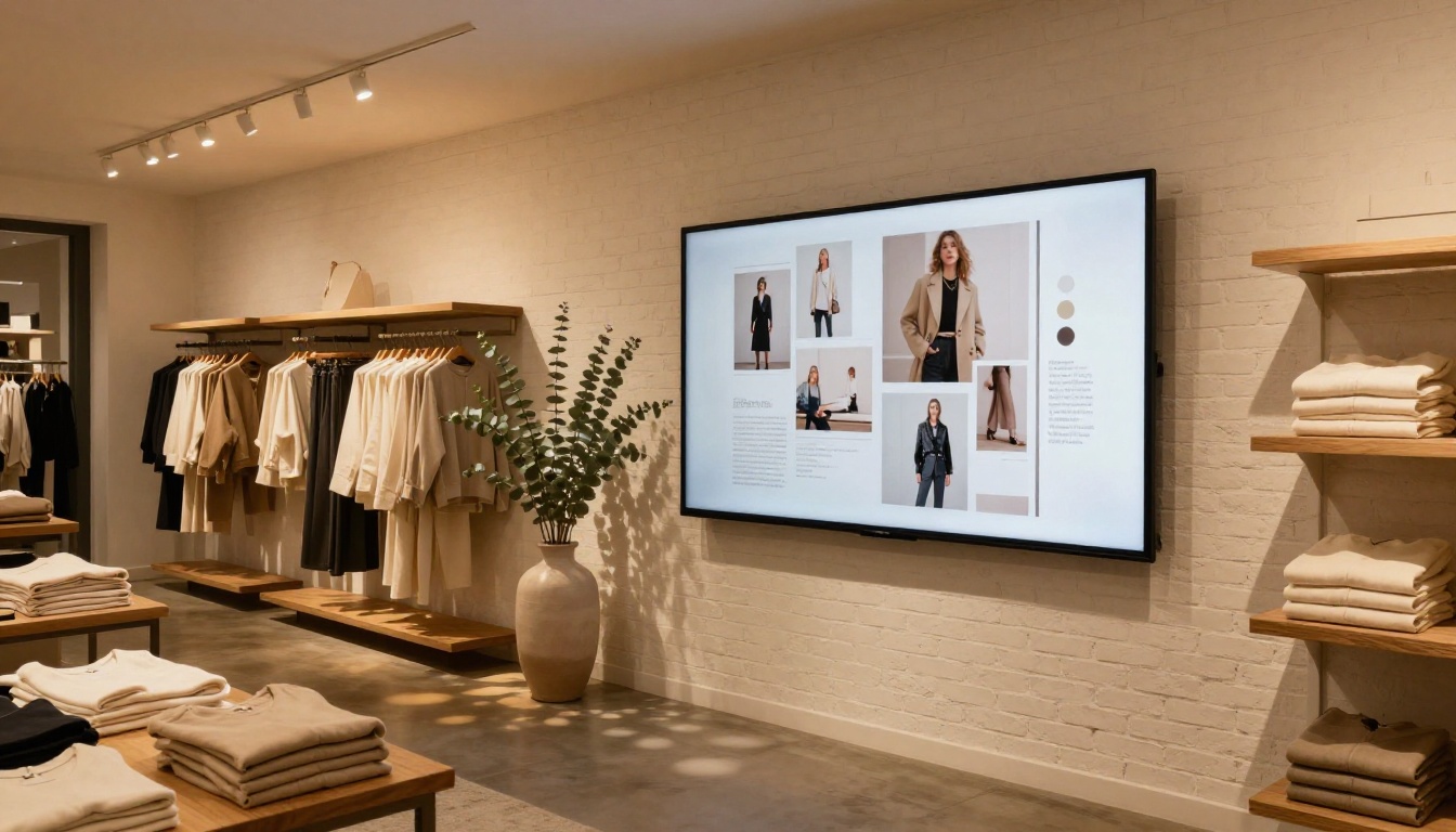 Retail boutique interior with digital brochure displayed on wall-mounted screen