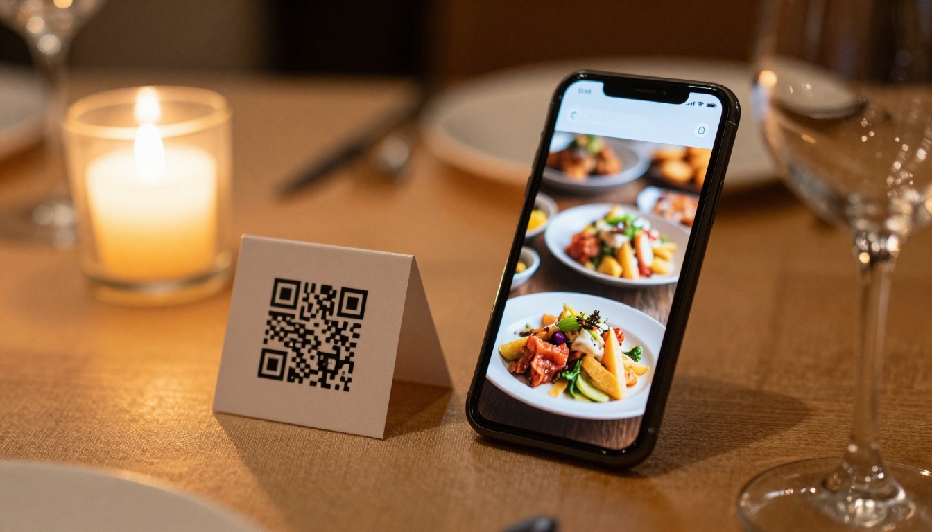 Restaurant table with digital menu on smartphone and QR code card