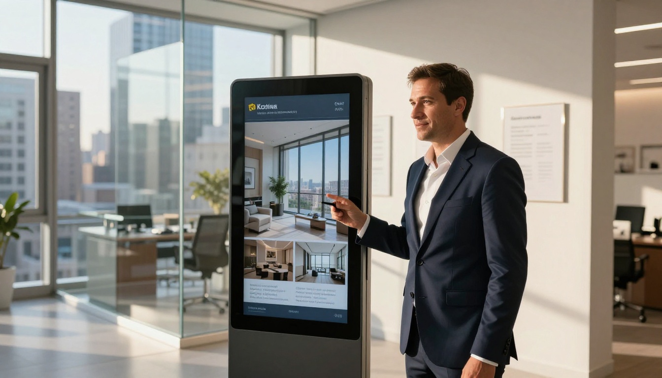 Real estate agent with digital property brochure kiosk in modern office