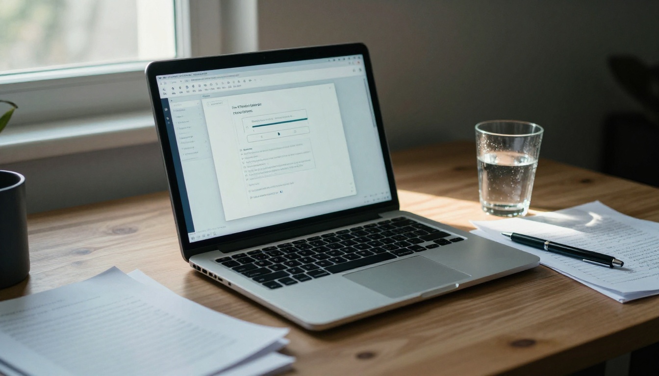 Laptop displaying flipbook software dashboard with PDF upload interface