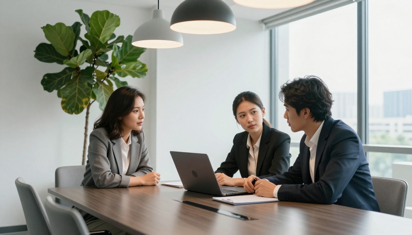 Two professionals reviewing digital catalog together in a conference room
